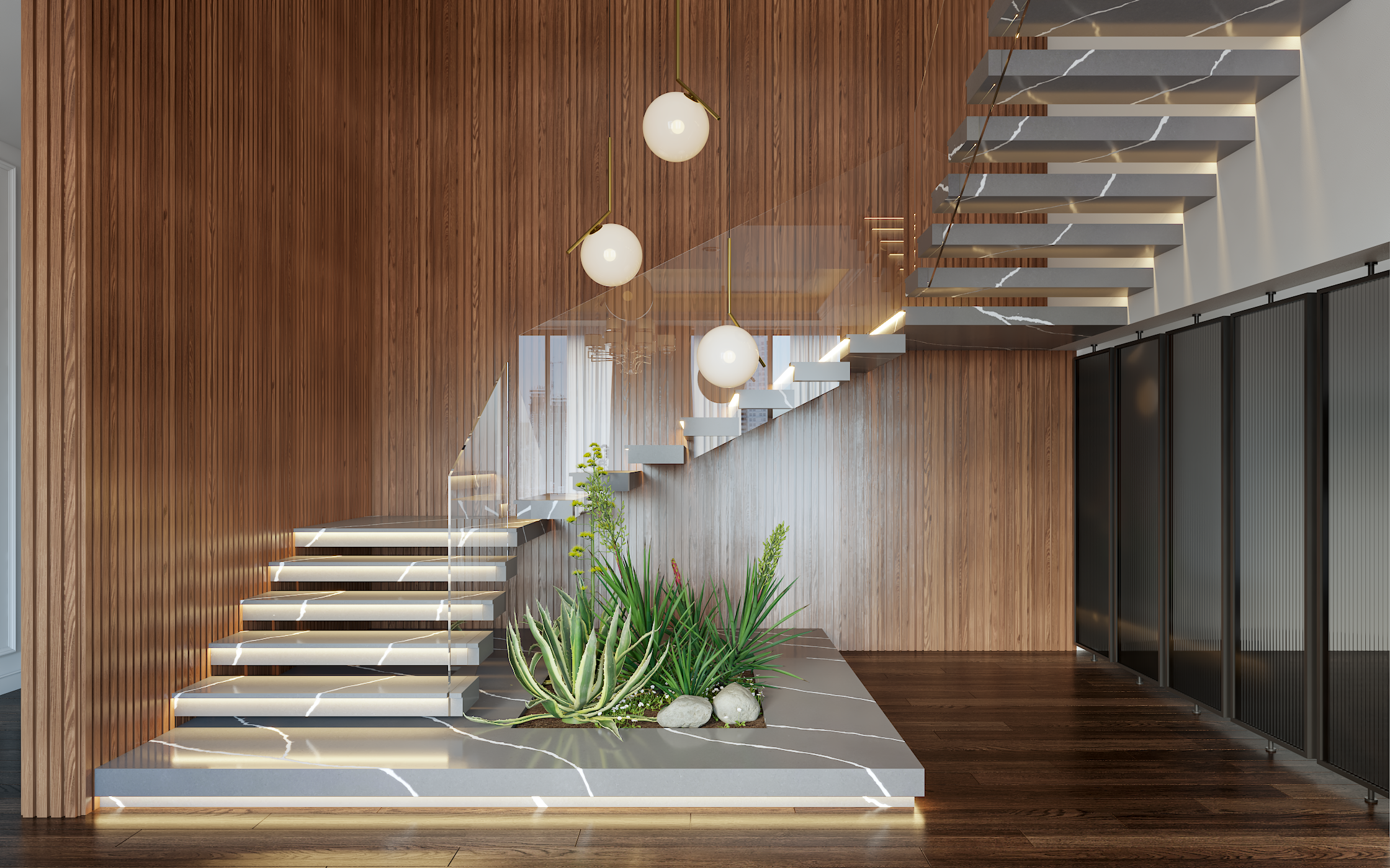 đá ốp cầu thang màu xám bạc cho gia chủ mệnh thuỷ