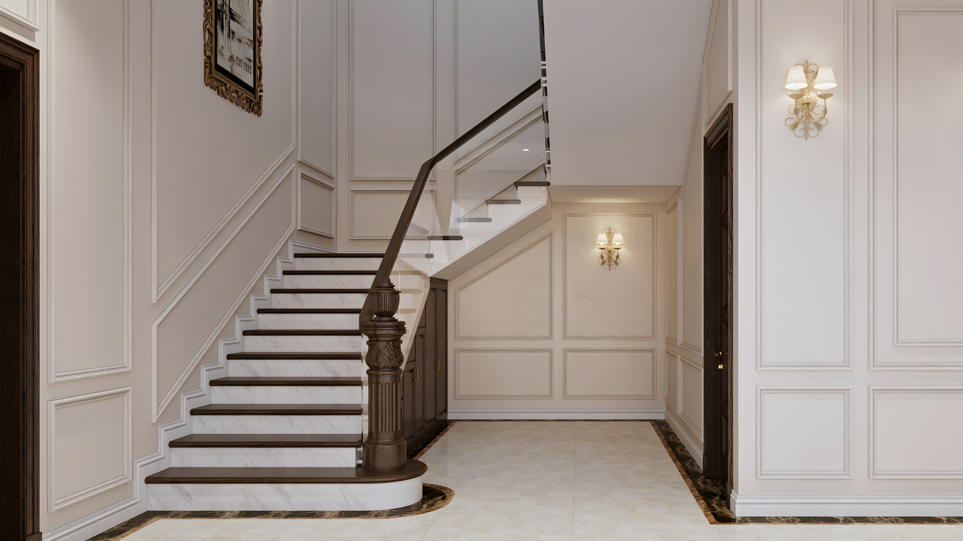 đá ốp cầu thang phong cách tân cổ điển