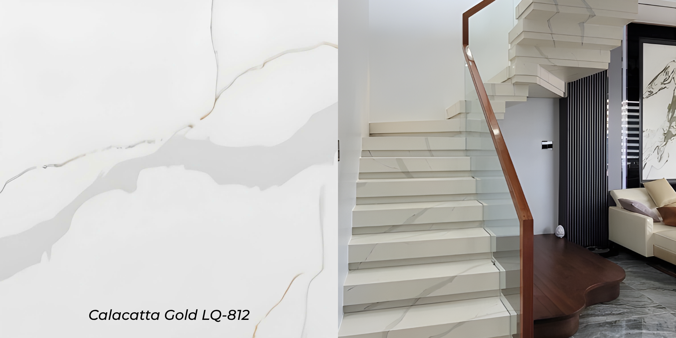 mẫu đá ốp cầu thang lux quartz calacatta gold lq-812