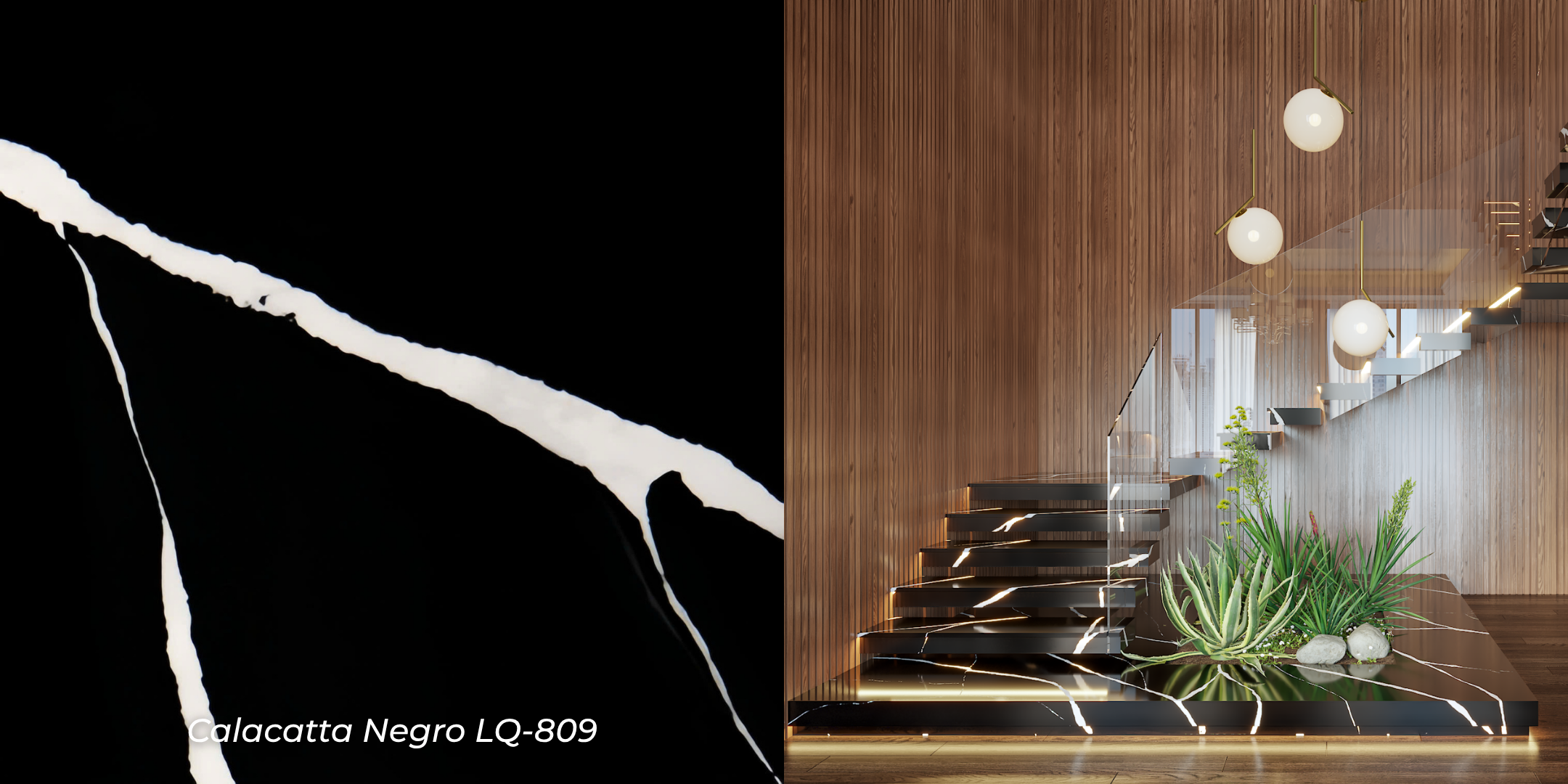 mẫu đá ốp cầu thang lux quartz calacatta negro lq-809