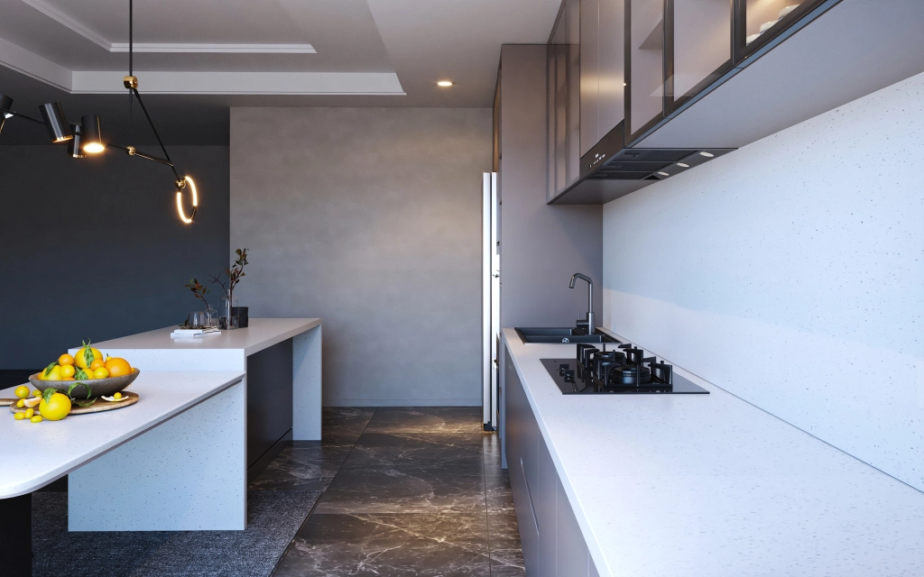 white quartz backsplash