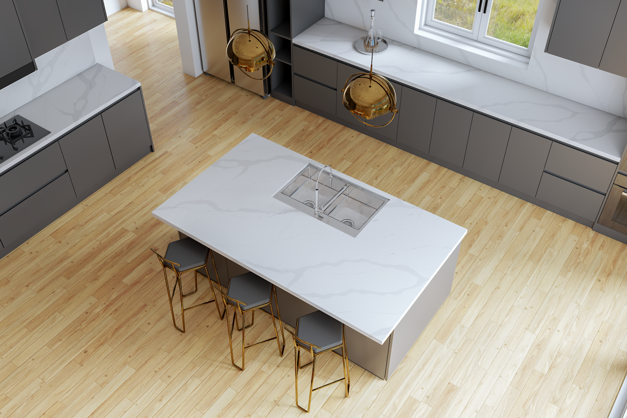 mẫu đá bếp trắng vân mây Lux Quartz Vietnam Calacatta Gold LQ-812